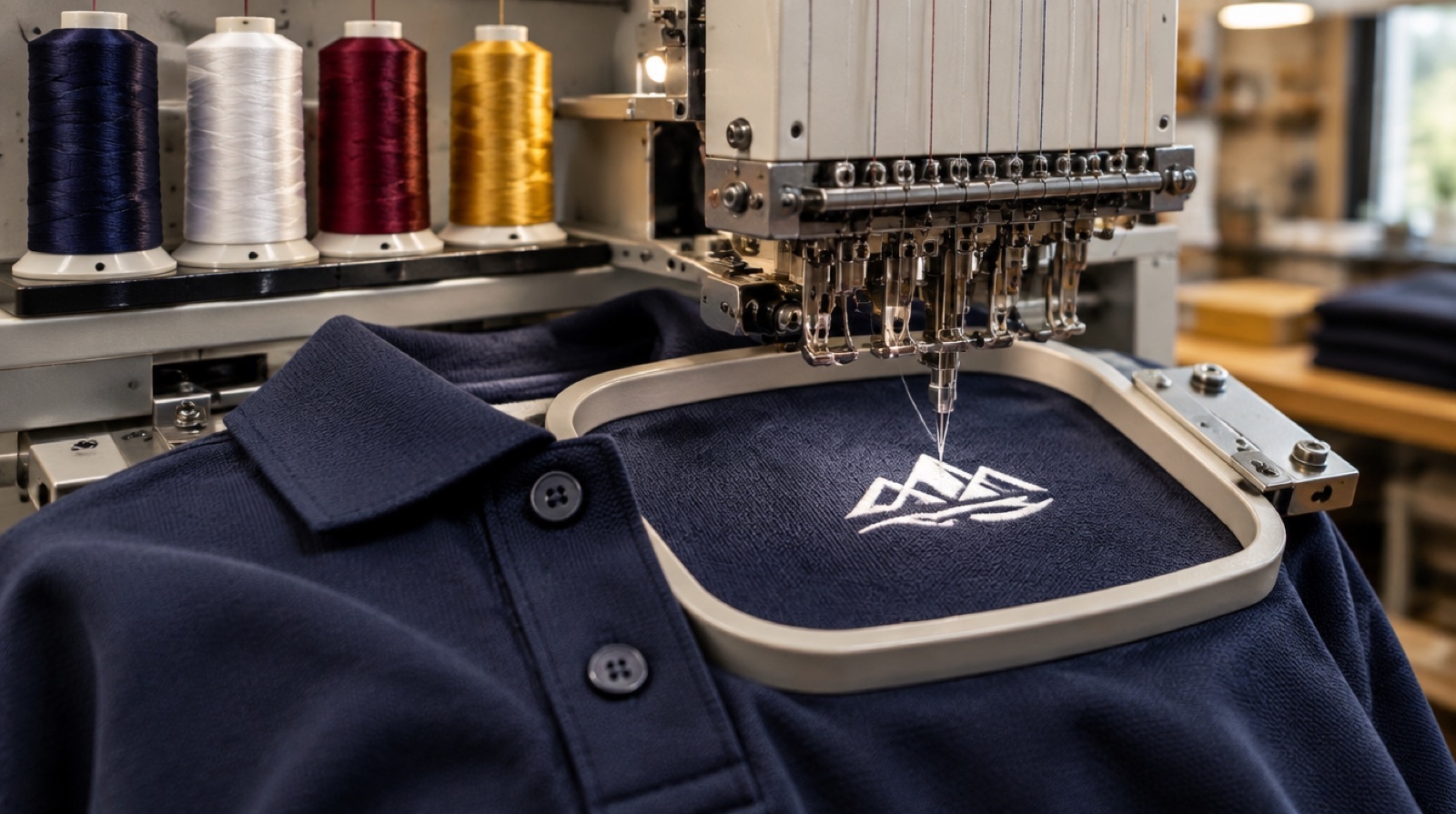 An embroidery machine stitching a white logo onto a navy polo, with navy, white, maroon and gold thread