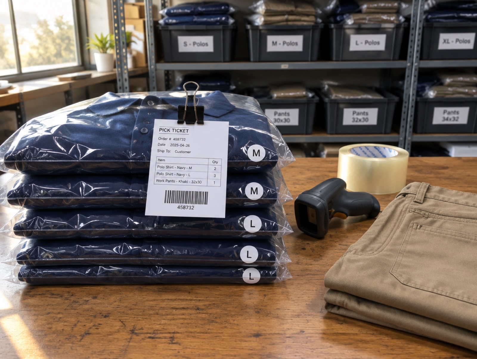 Bagged navy polos with size stickers, a barcode scanner and folded khaki work pants on a packing table
